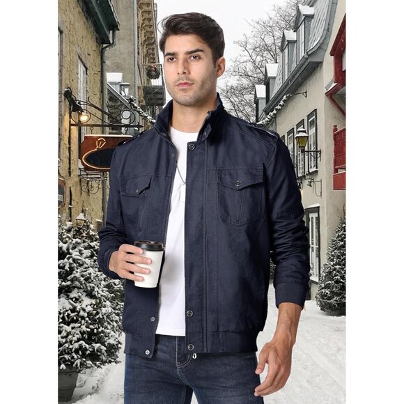 Men's Navy  Winter Cargo Fleece Sherpa Lined Casual Windproof Bomber Jacket - Picture 6 of 6